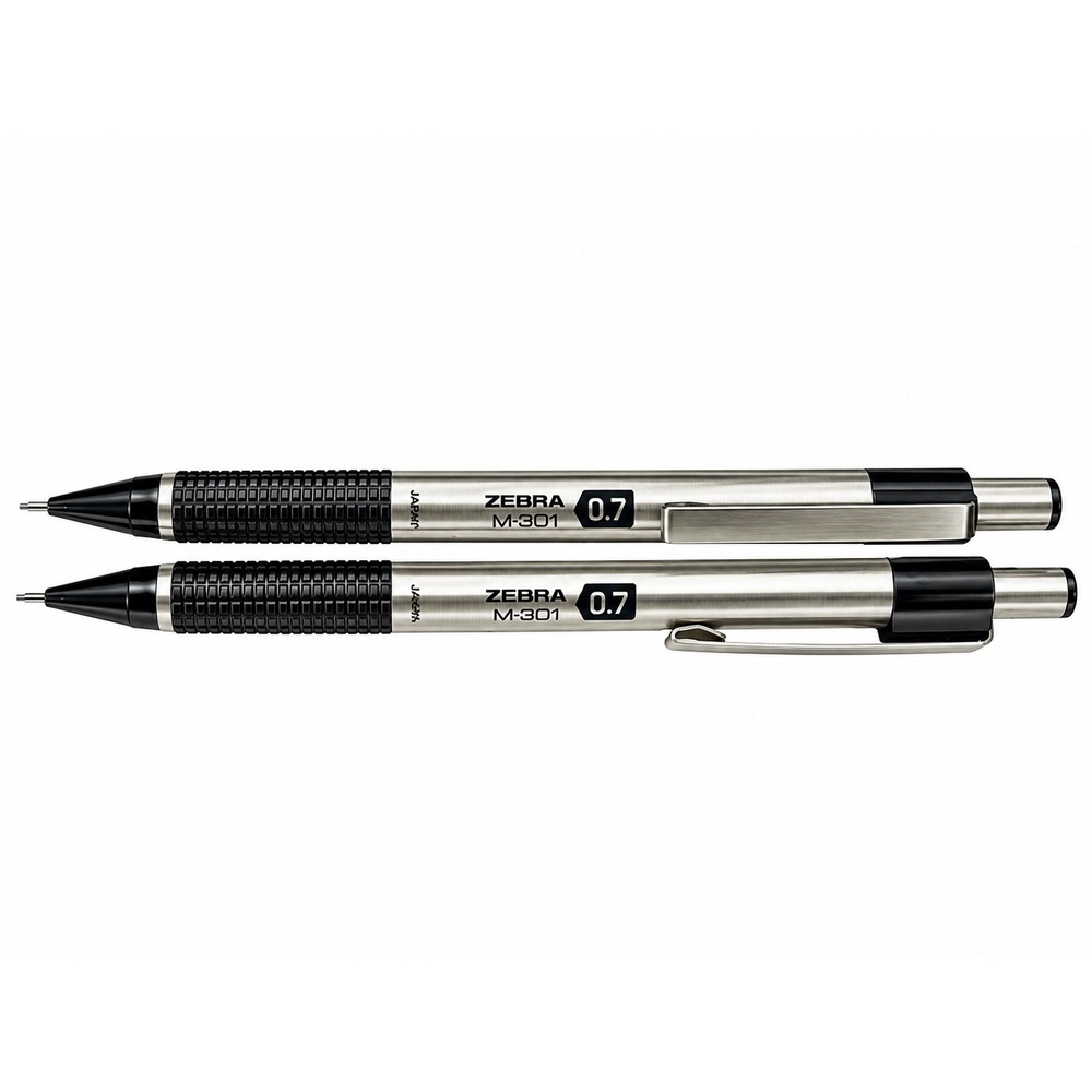 Zebra M-301 Mechanical Pencil 2 Pack 0.7mm Stainless Steel Silver Black Office